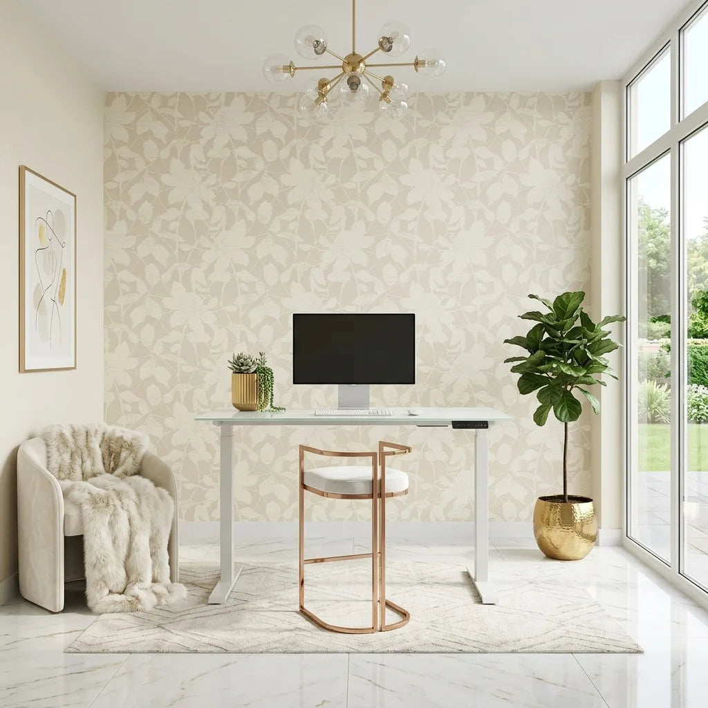 Home Office - Elegant workspace featuring Solange wallpaper in Taupe Cream by York Wallcoverings, creating a sophisticated and calming atmosphere.