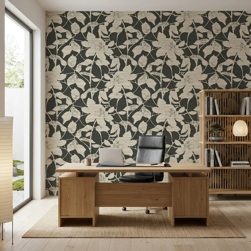 Home Office - Elegant home office featuring 'Solange' wallpaper by York Wallcoverings, showcasing a sophisticated black and cream design.