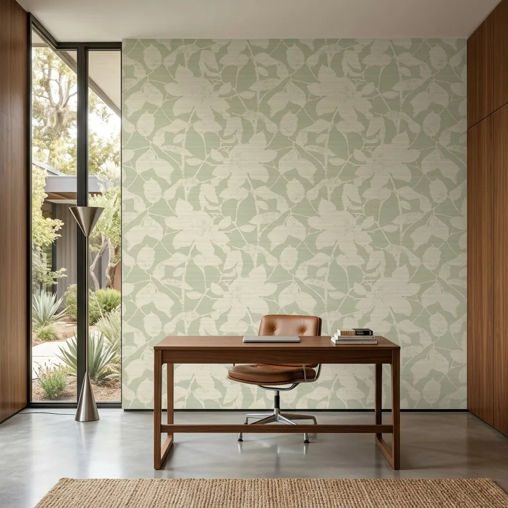 Home Office - Solange wallpaper in Sage, Cream by York Wallcoverings adds elegant style to this productive workspace.
