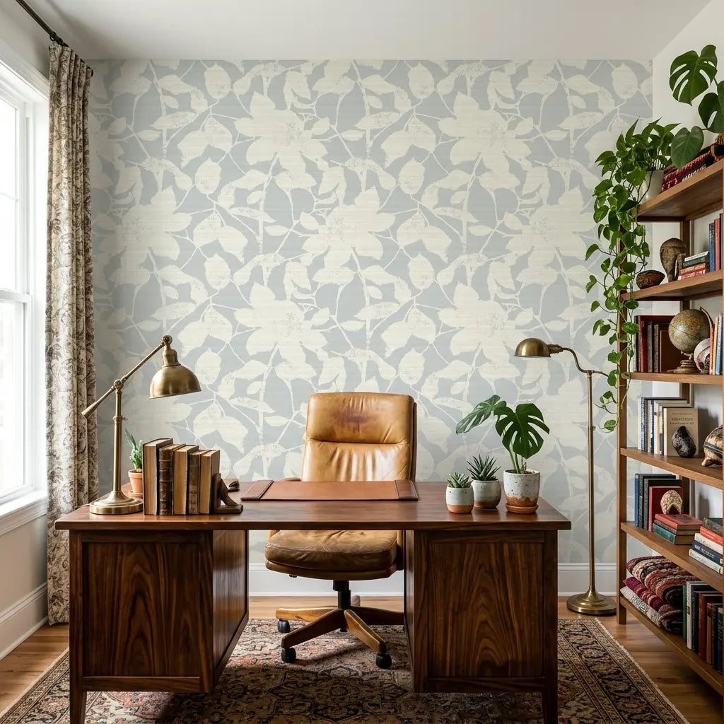 Home Office - Elegant workspace featuring Solange wallpaper in Grey, Cream by York Wallcoverings for a sophisticated look.