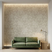 Living Room - Elegant living room showcasing Solange wallpaper in Taupe, Cream by York Wallcoverings.