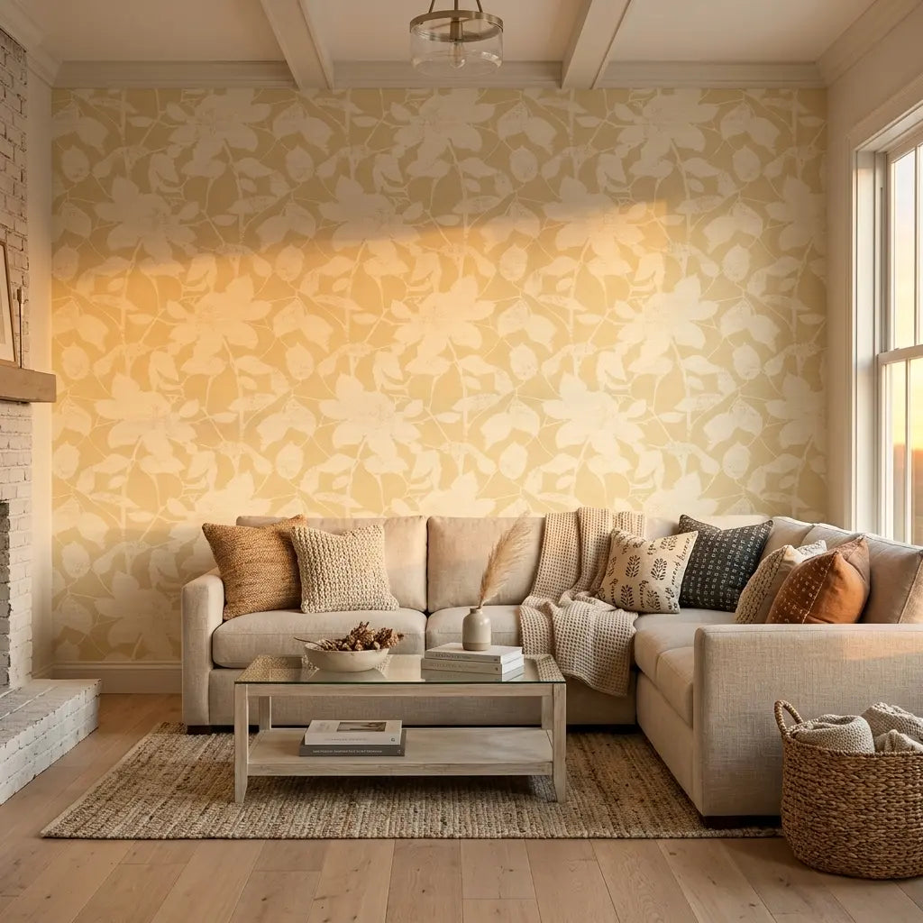 Living Room - Elegant living room featuring Solange wallpaper in Yellow and Cream by York Wallcoverings.