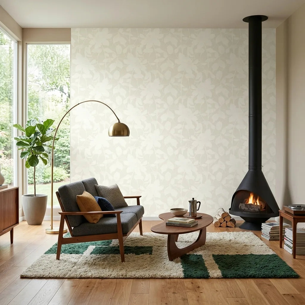 Living Room - Solange wallpaper in White, Cream by York Wallcoverings creates an elegant, serene space for relaxation and entertaining.