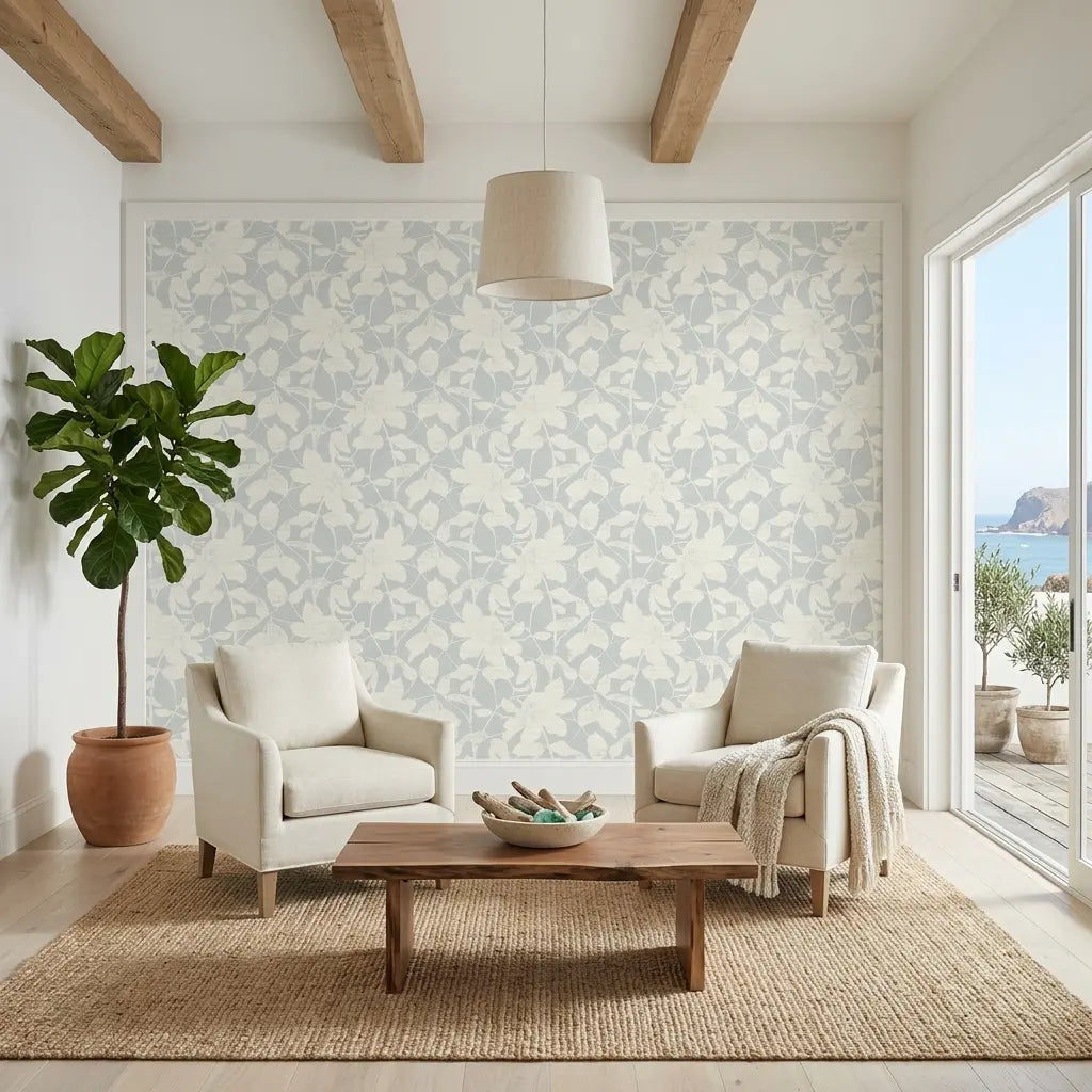 Living Room - Elegant living space featuring Solange wallpaper in Grey and Cream by York Wallcoverings, creating a serene ambiance.