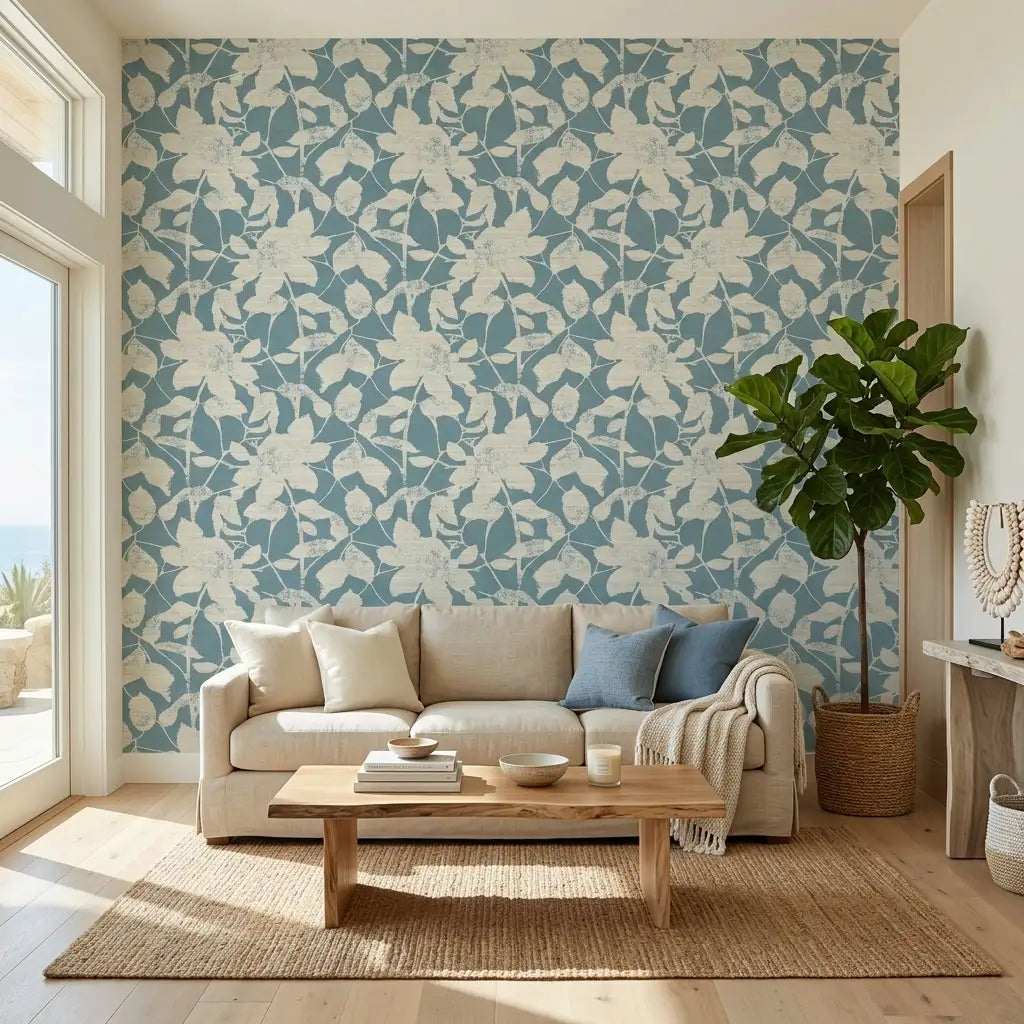 Living Room - Elegant space with Solange wallpaper in Blue, Cream by York Wallcoverings, creating a serene ambiance.