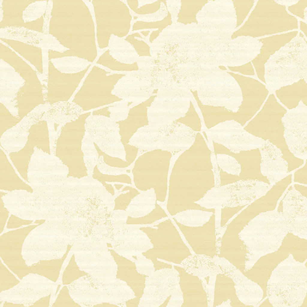 York Wallcoverings Solange wallpaper pattern swatch in yellow and cream colors.