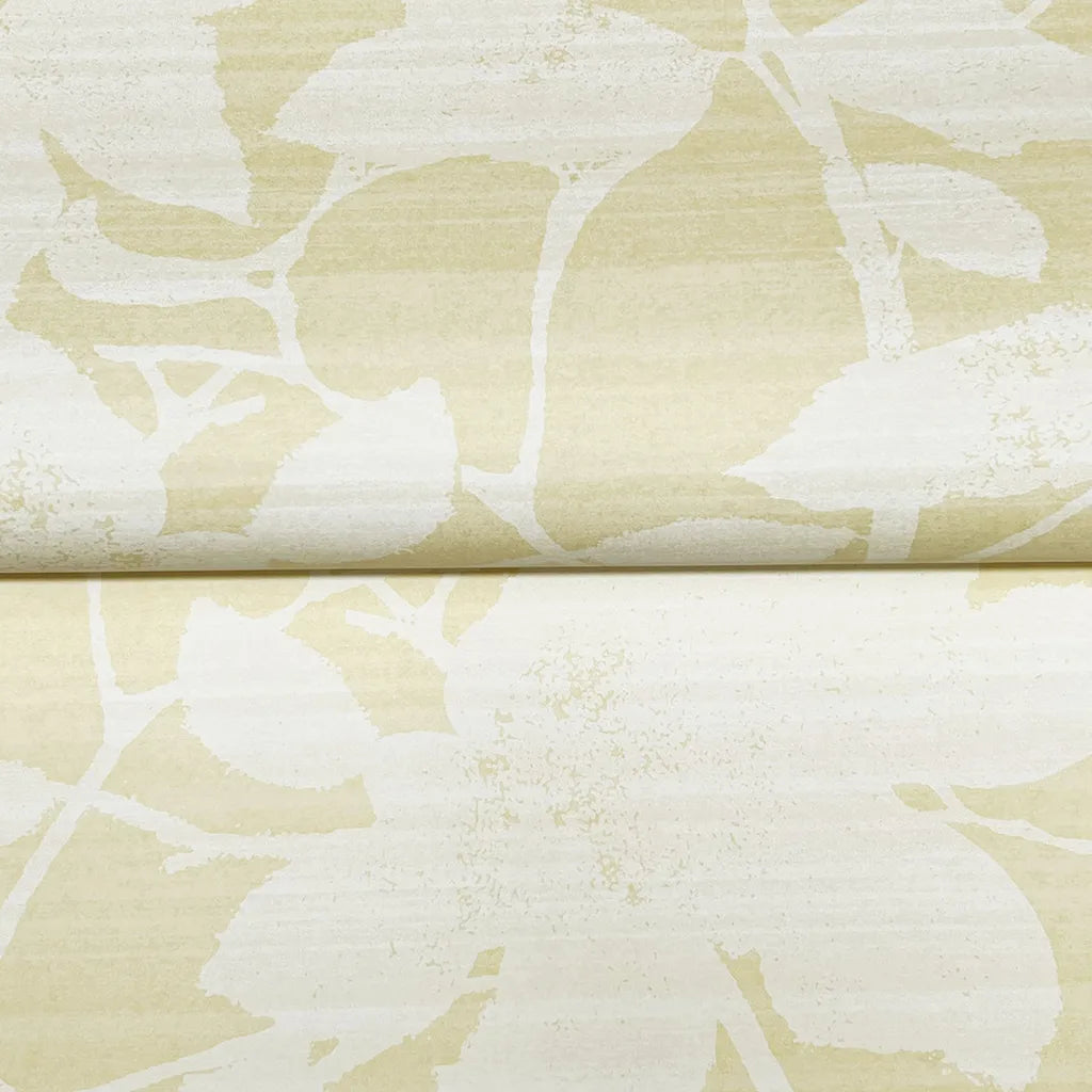 Close-up texture of York Wallcoverings' Solange wallpaper in elegant yellow and cream hues, highlighting its intricate design.