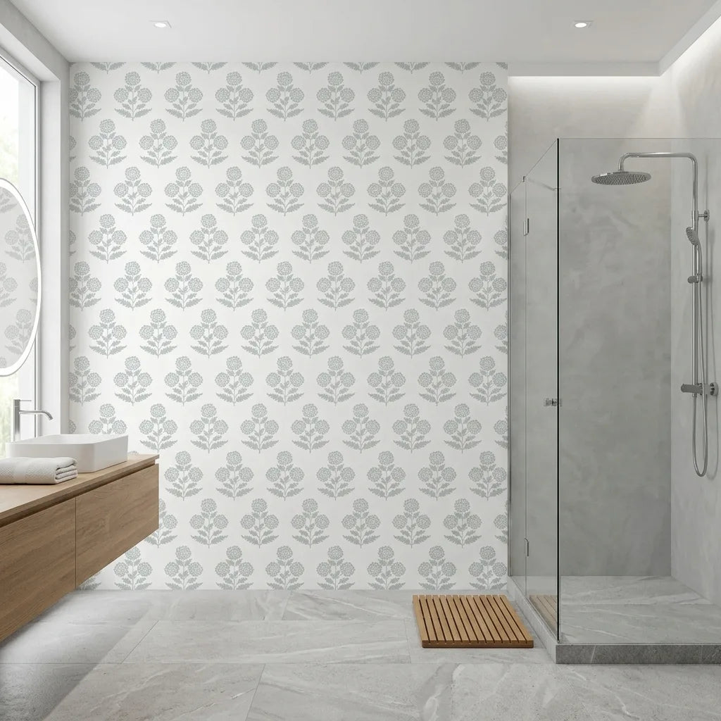 Bathroom - Stylish bathroom featuring Grey, White Souci wallpaper by York Wallcoverings for a chic, modern look.