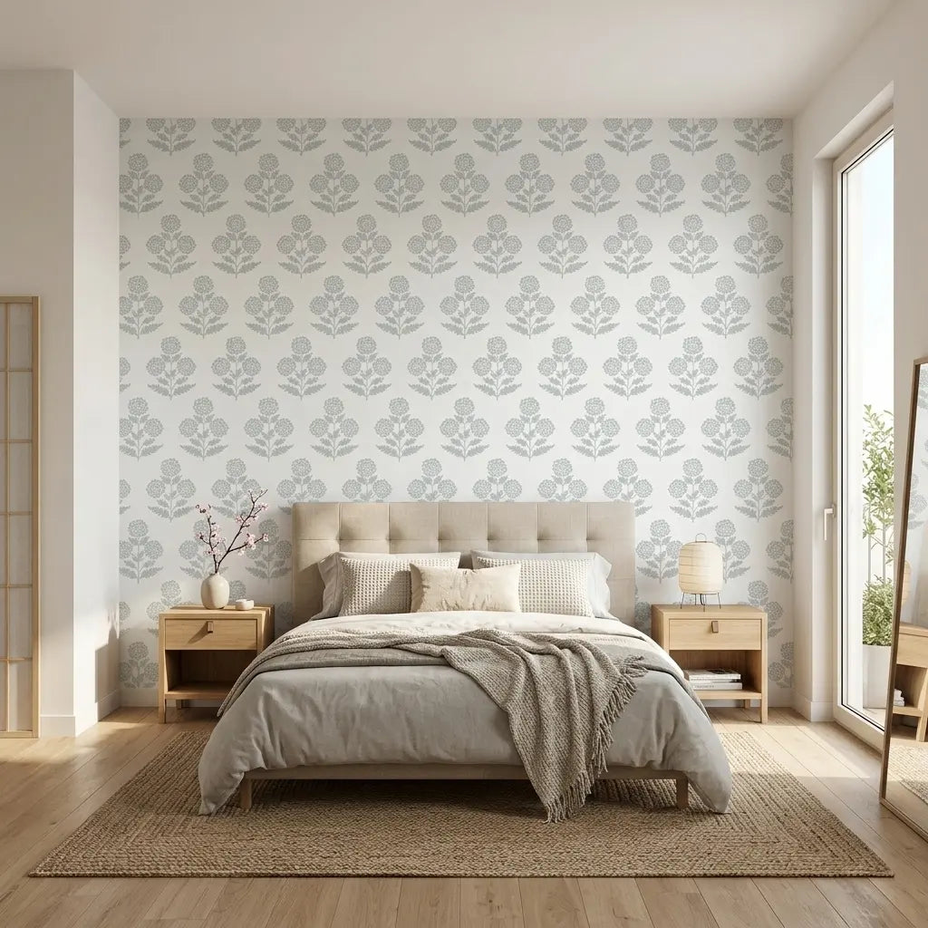 Bedroom - Elegant bedroom features Souci wallpaper in Grey, White by York Wallcoverings, adding a serene backdrop.