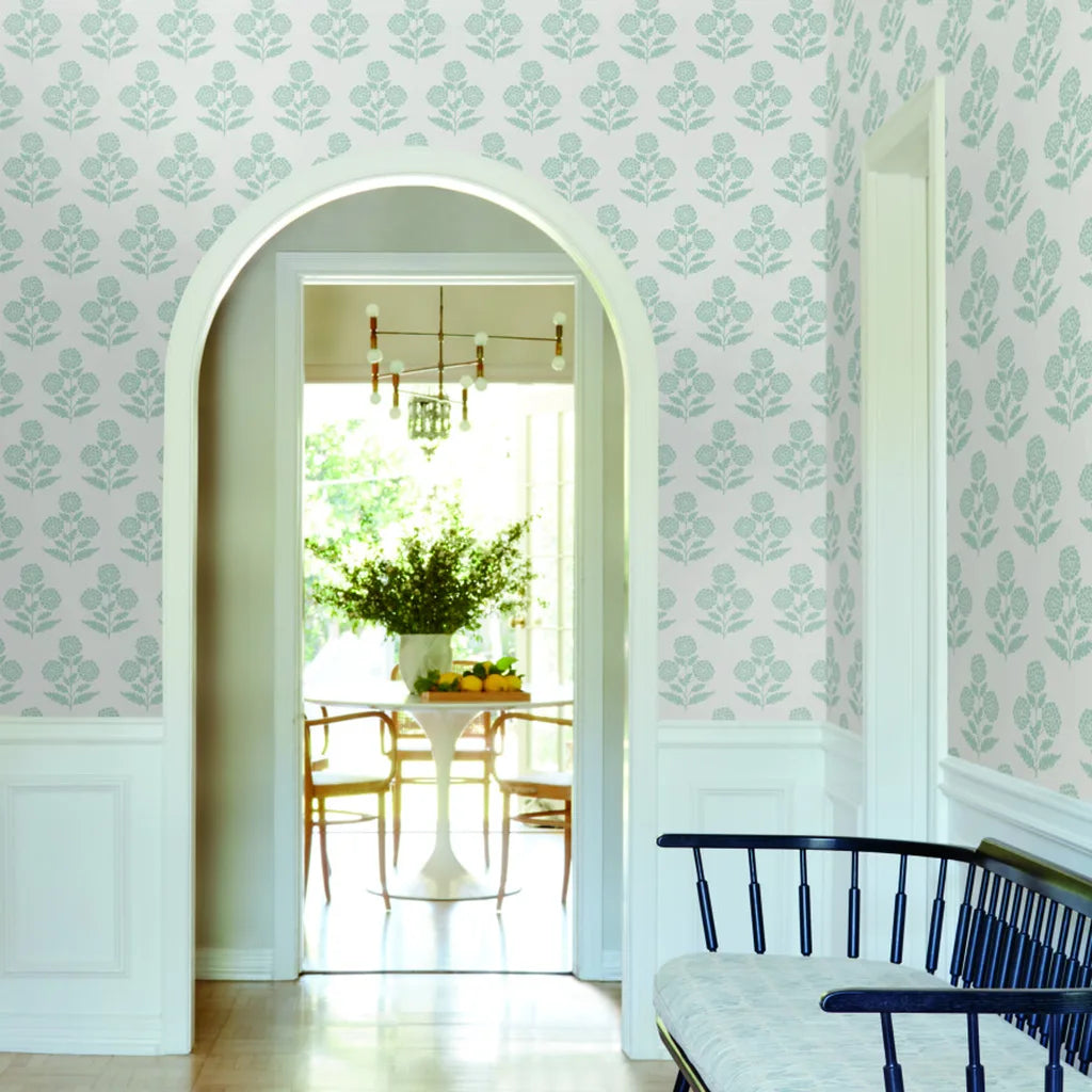 Elegant entryway photo featuring Souci wallpaper in Grey and White by York Wallcoverings, perfect for a modern home.