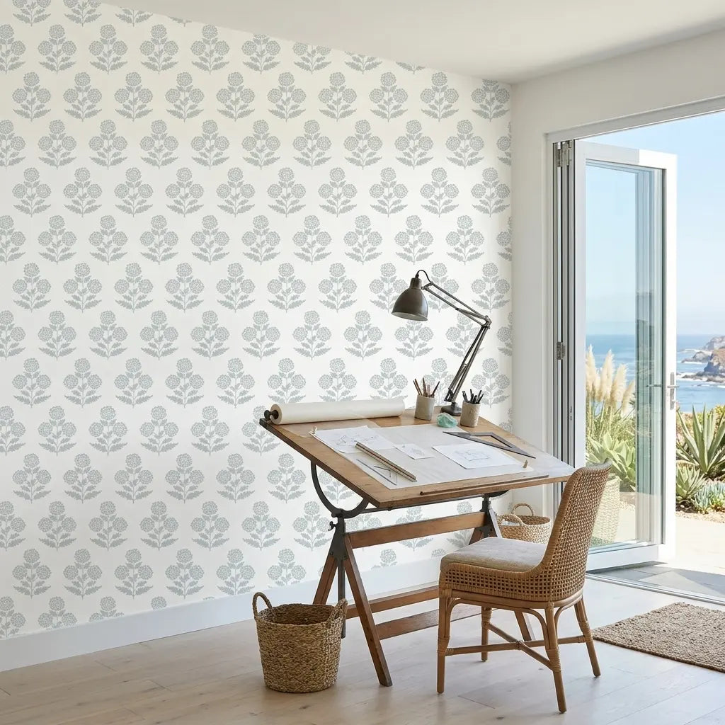 Home Office - Souci wallpaper in Grey, White by York Wallcoverings creates a stylish, modern workspace.