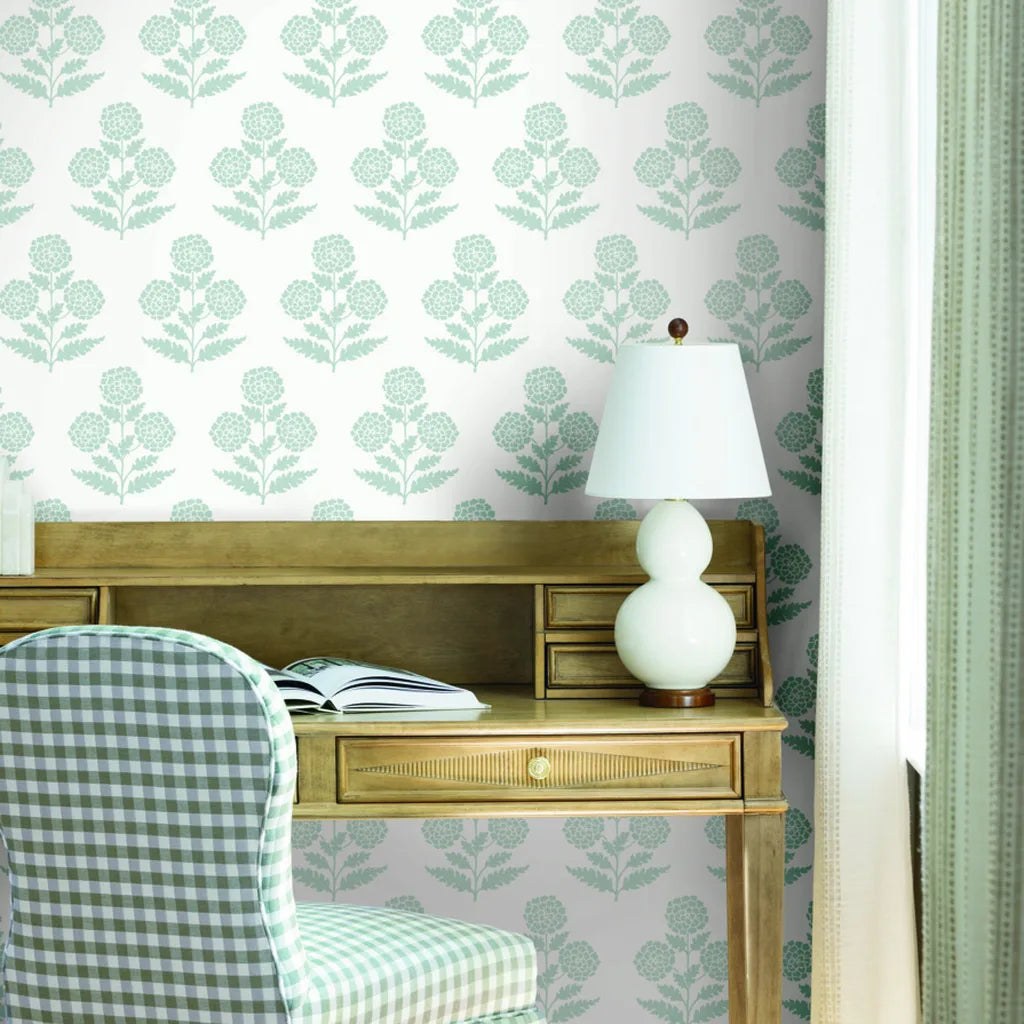 Home office with elegant Grey and White Souci wallpaper by York Wallcoverings, perfect for a stylish workspace.