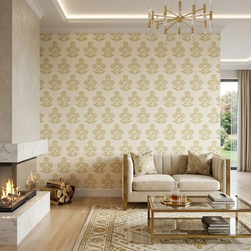 Living Room - Elegant space showcasing 'Souci' wallpaper in Yellow & Cream by York Wallcoverings, creating a bright and inviting atmosphere.
