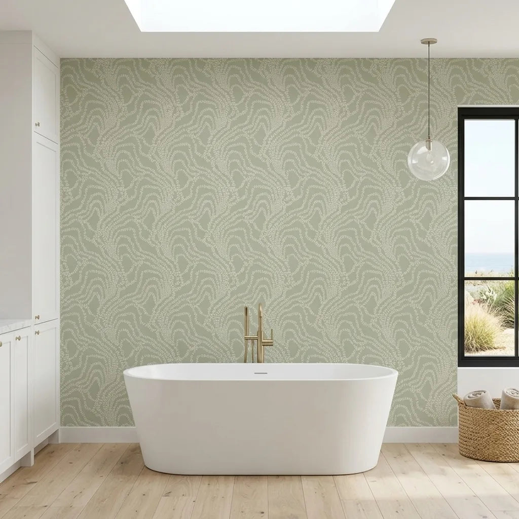 Bathroom - Elegant sage green 'String of Pearls' wallpaper by York Wallcoverings creates a serene and stylish space.