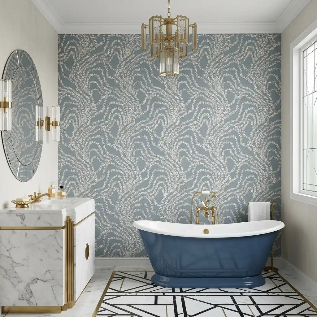 Bathroom - Elegant space showcasing "String of Pearls" wallpaper in Dusty Blue by York Wallcoverings, adding serene style.