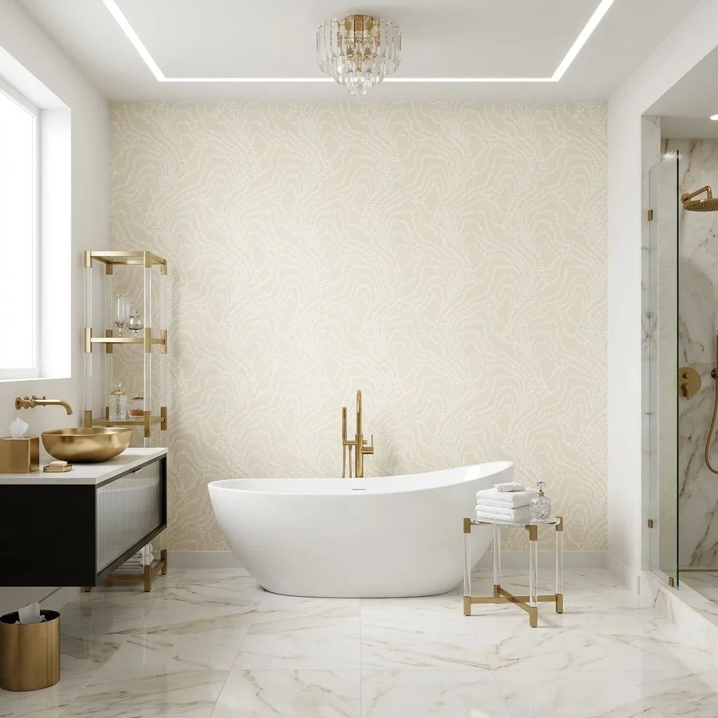 Bathroom - String of Pearls wallpaper in Warm Ivory by York Wallcoverings enhances this elegant and inviting bathroom design.