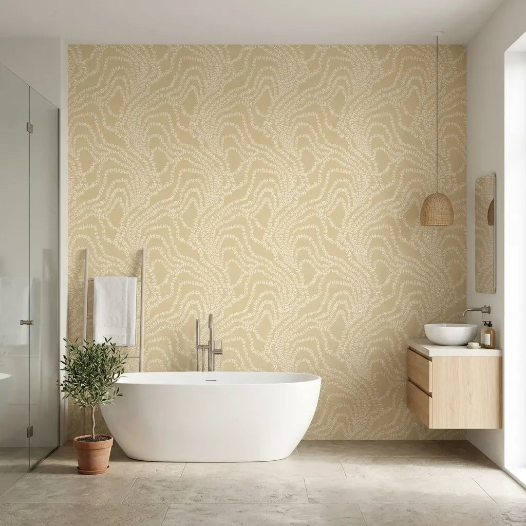 Bathroom - Features York Wallcoverings "String of Pearls" wallpaper in warm beige, creating an elegant and serene atmosphere.