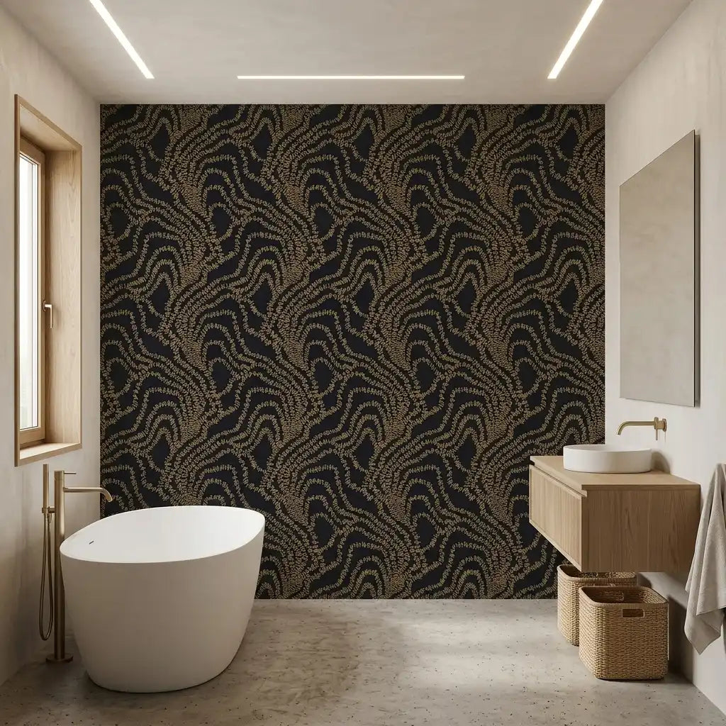 Bathroom - Striking "String of Pearls" wallpaper in Black and Gold by York Wallcoverings elevates this elegant bathroom.