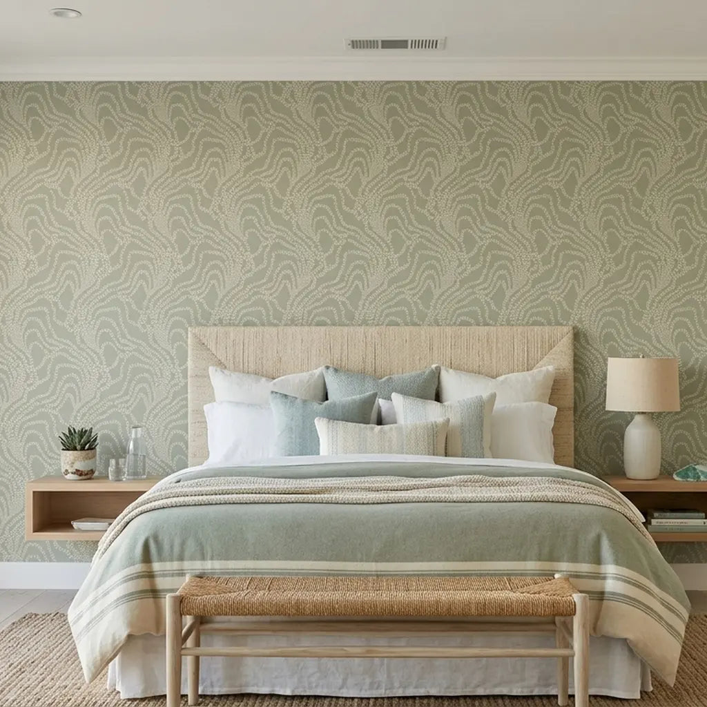 Bedroom - Elegant bedroom with String of Pearls wallpaper in Sage Green by York Wallcoverings, creating a serene botanical space.