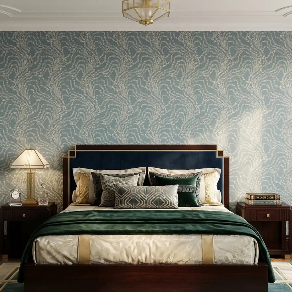 Bedroom - Elegant dusty blue String of Pearls wallpaper by York Wallcoverings creates a serene and stylish space.