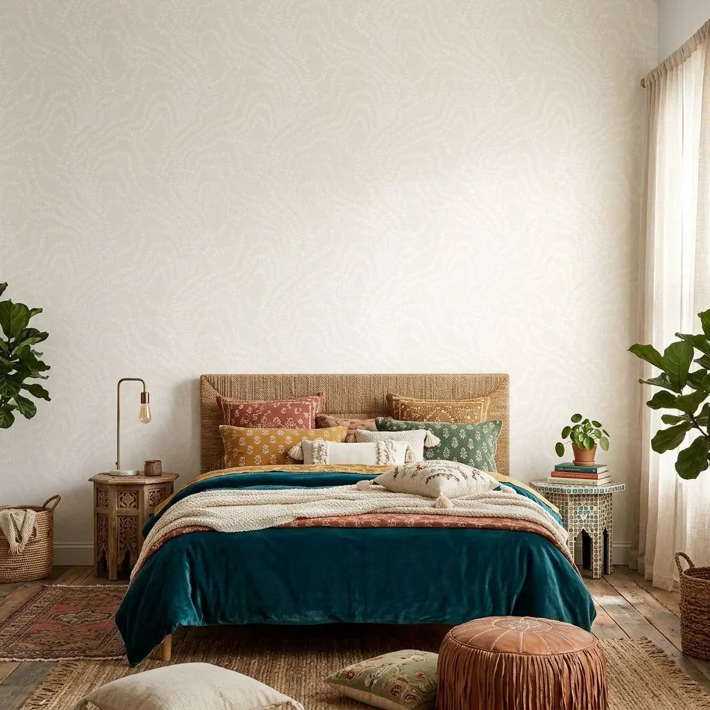 Bedroom - Elegant String of Pearls wallpaper in Warm Ivory by York Wallcoverings enhances this serene bedroom design.