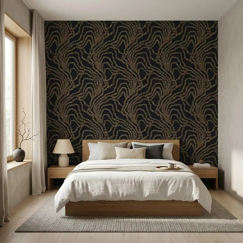 Bedroom - Luxurious black and gold "String of Pearls" wallpaper by York Wallcoverings creates a stunning focal point in this elegant room.