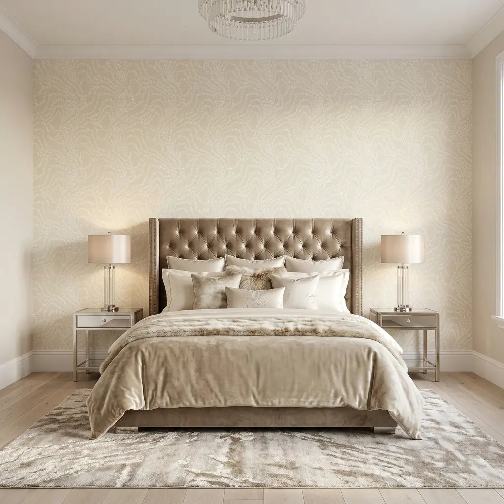 Bedroom - Elegant space with String of Pearls wallpaper in Warm Ivory by York Wallcoverings, creating a serene sanctuary.
