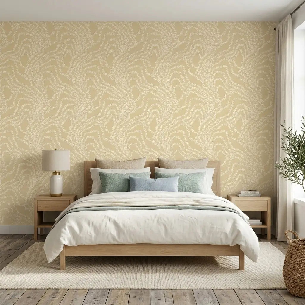 Bedroom - Serene bedroom showcases "String of Pearls" wallpaper in Warm Beige by York Wallcoverings, adding elegant texture.