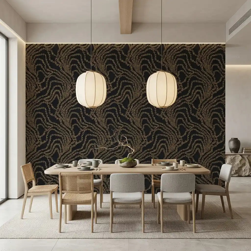 Dining Room - Elegant dining room showcasing York Wallcoverings' Black and Gold "String of Pearls" wallpaper design.