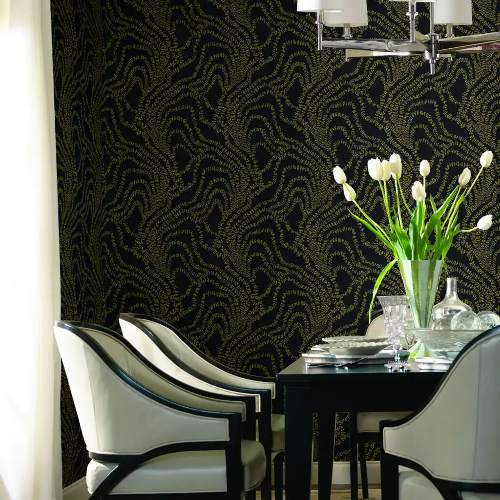 Dining room showcasing elegant "String of Pearls" wallpaper in black and gold by York Wallcoverings.