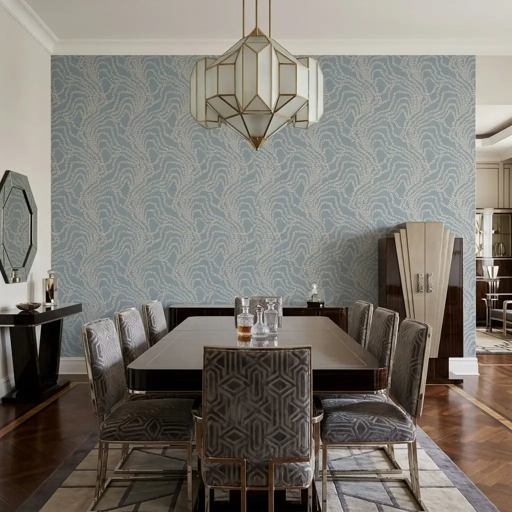 Dining Room - Elegant dining space showcasing Dusty Blue 'String of Pearls' wallpaper by York Wallcoverings, creating a serene ambiance.
