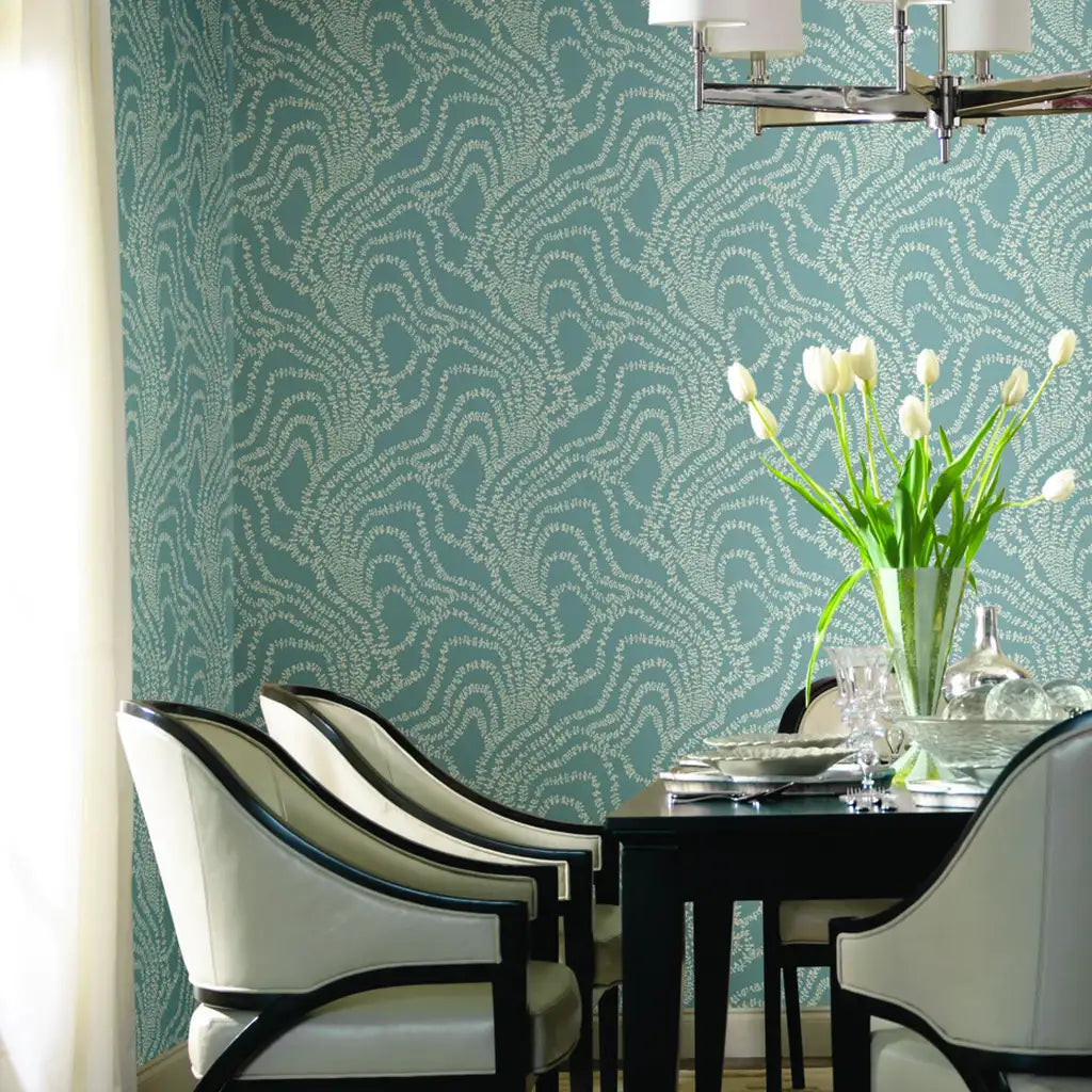 Dining room with beautiful Dusty Blue "String of Pearls" wallpaper by York Wallcoverings.