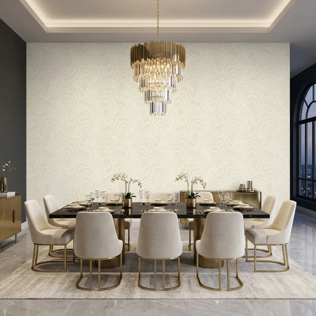 Dining Room - Warm Ivory String of Pearls wallpaper by York Wallcoverings creates an inviting, elegant space for entertaining.