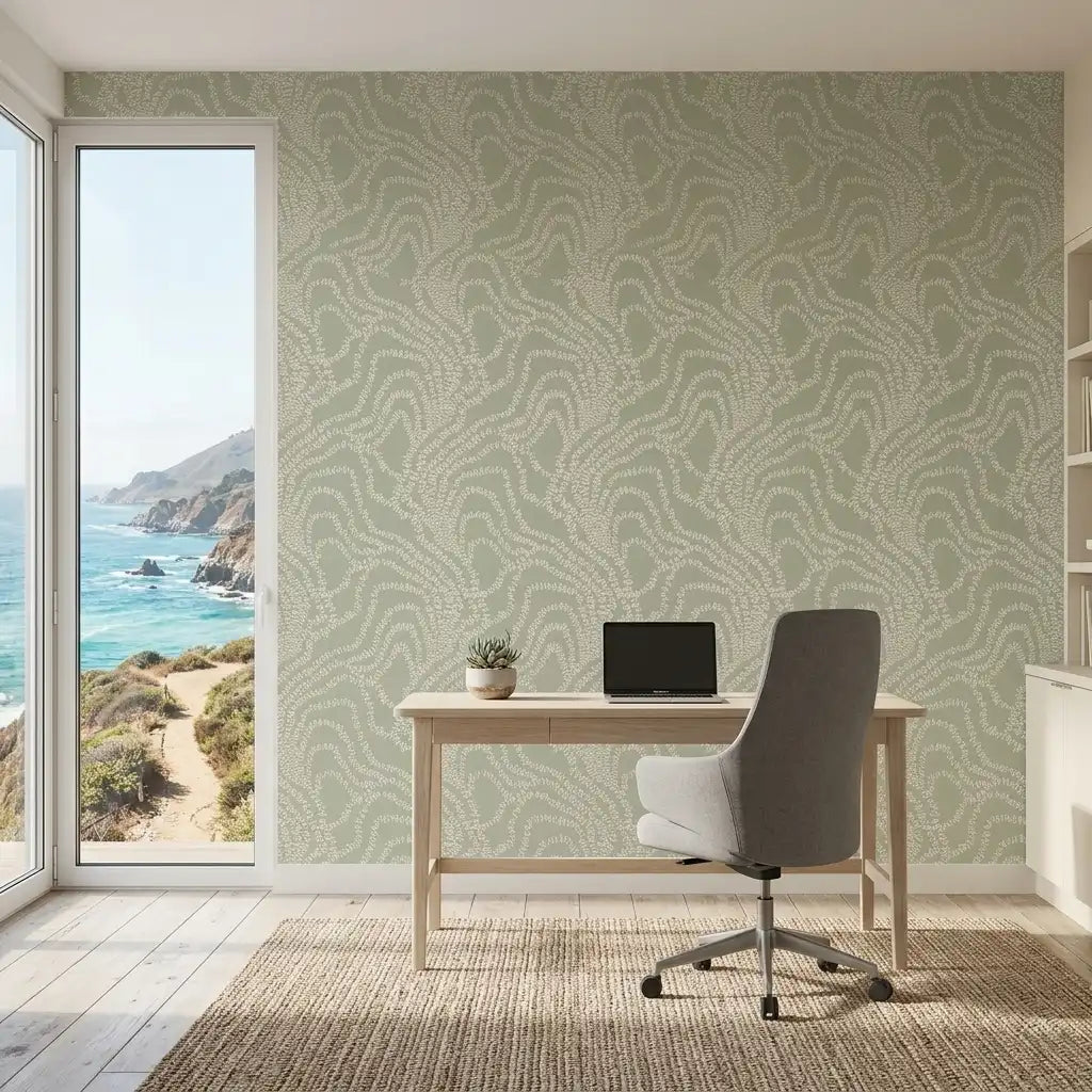Home Office - Stylish home office with String of Pearls wallpaper in Sage Green by York Wallcoverings.