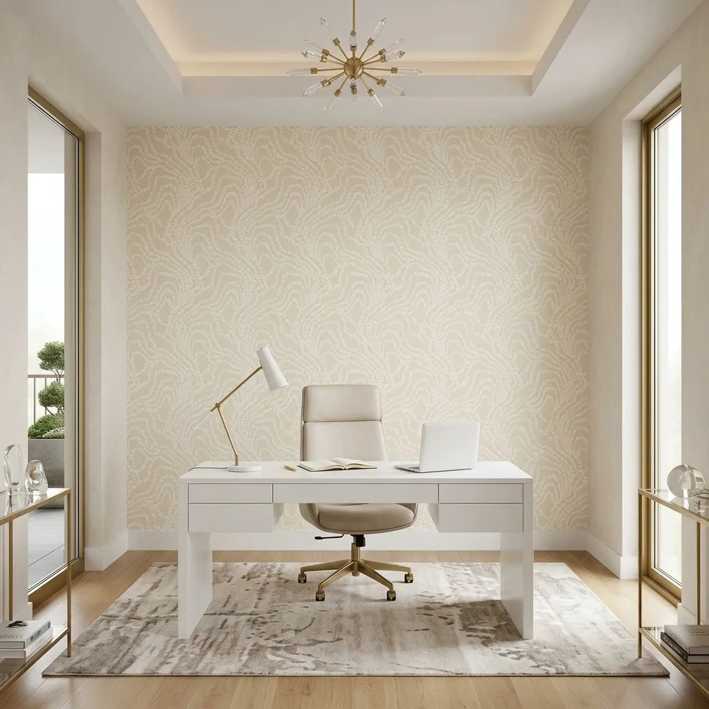 Home Office - Elegant workspace featuring String of Pearls wallpaper in Warm Ivory by York Wallcoverings, perfect for a sophisticated design.