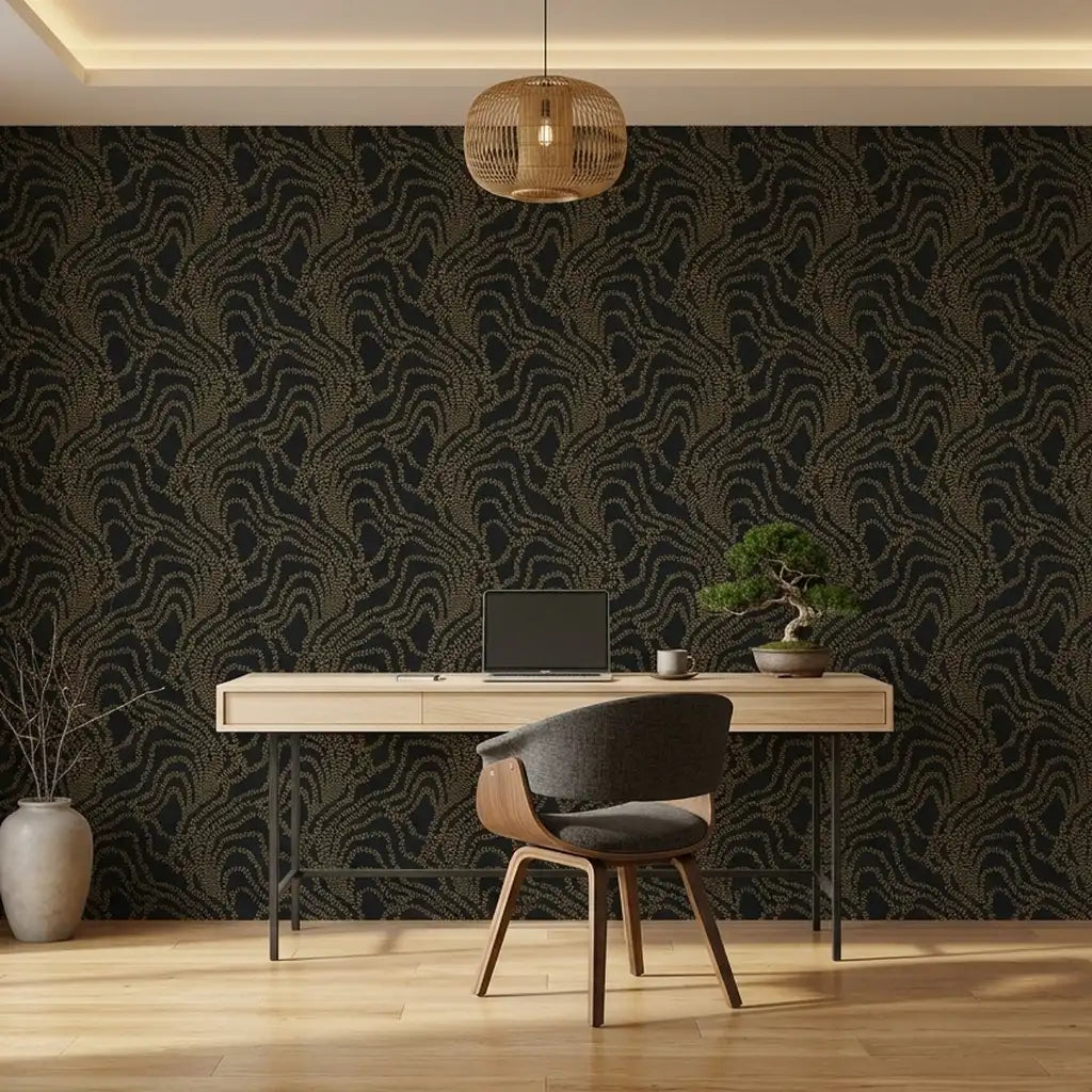 Home Office - Sophisticated design featuring York Wallcoverings' 'String of Pearls' wallpaper in striking Black and Gold.