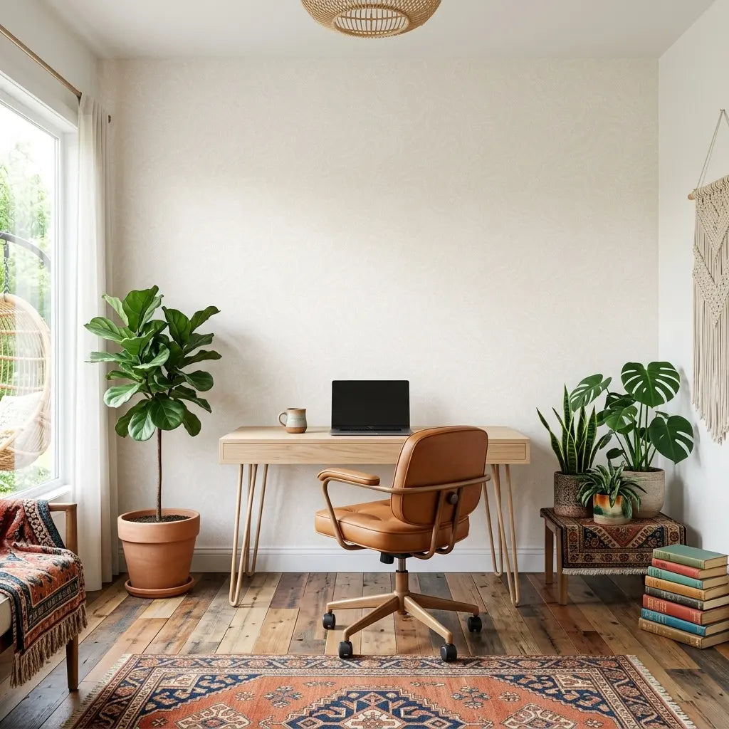 Home Office - String of Pearls wallpaper in Warm Ivory by York Wallcoverings creates a serene and elegant workspace.