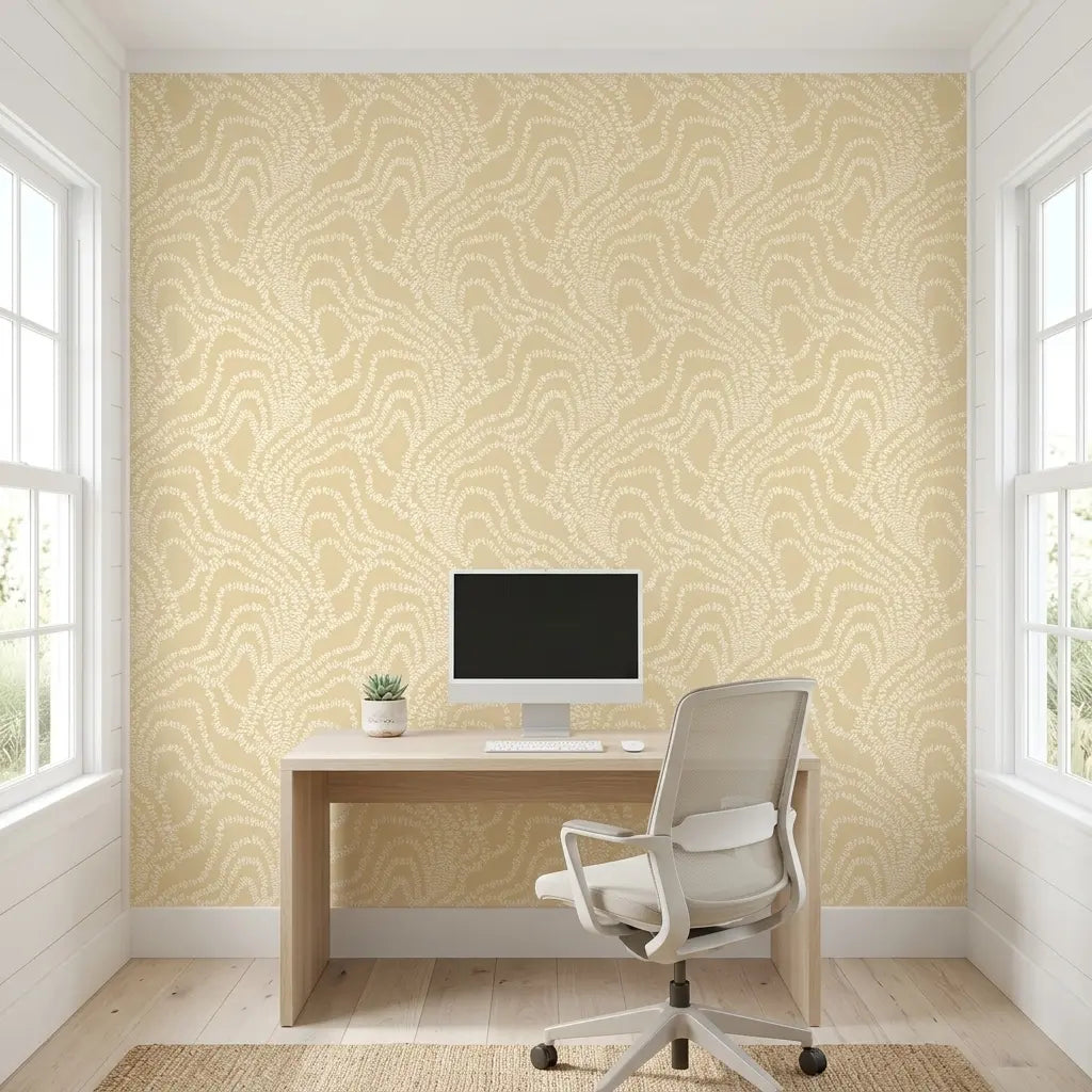 Home Office - Elegant space with String of Pearls wallpaper in Warm Beige by York Wallcoverings.
