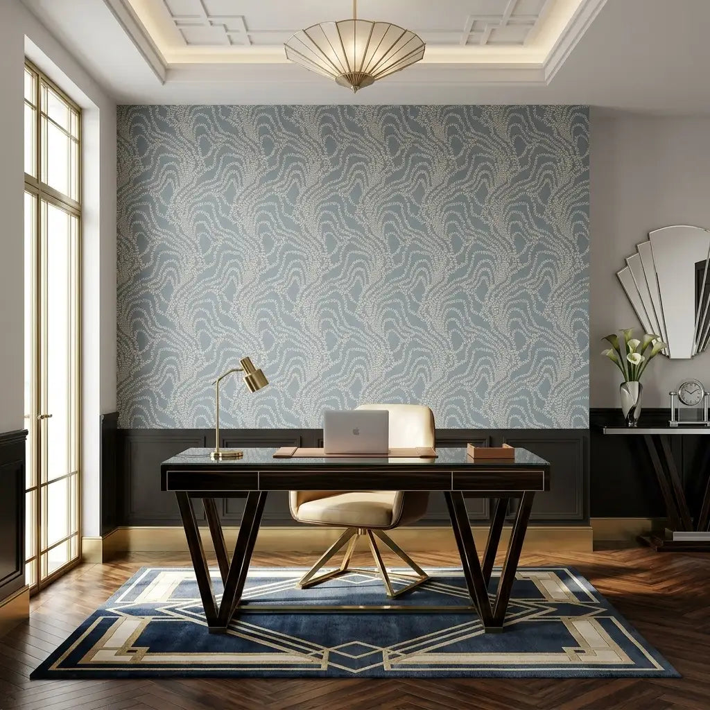 Home Office - Elegant home office with String of Pearls wallpaper in Dusty Blue by York Wallcoverings creating a serene workspace.