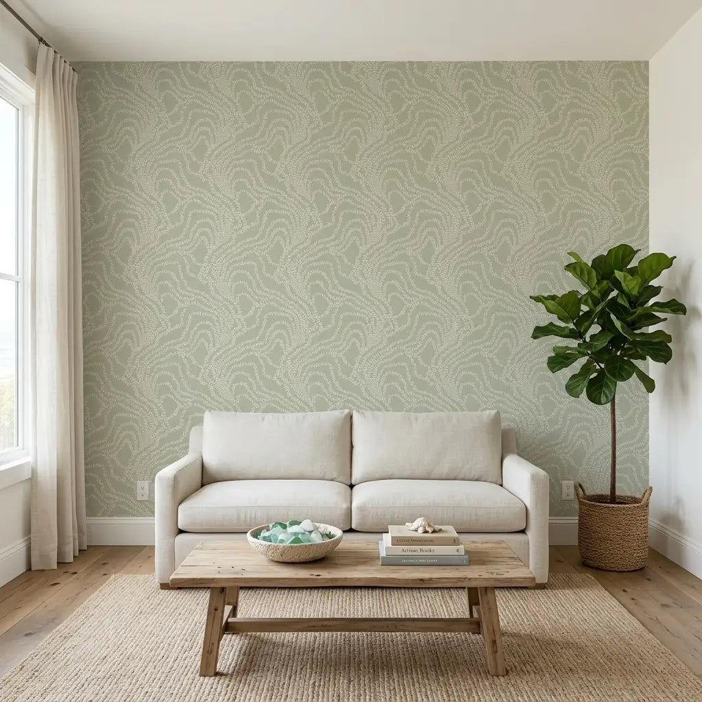 Living Room - Elegant living room with Sage Green 'String of Pearls' wallpaper by York Wallcoverings, creating a serene and stylish space.