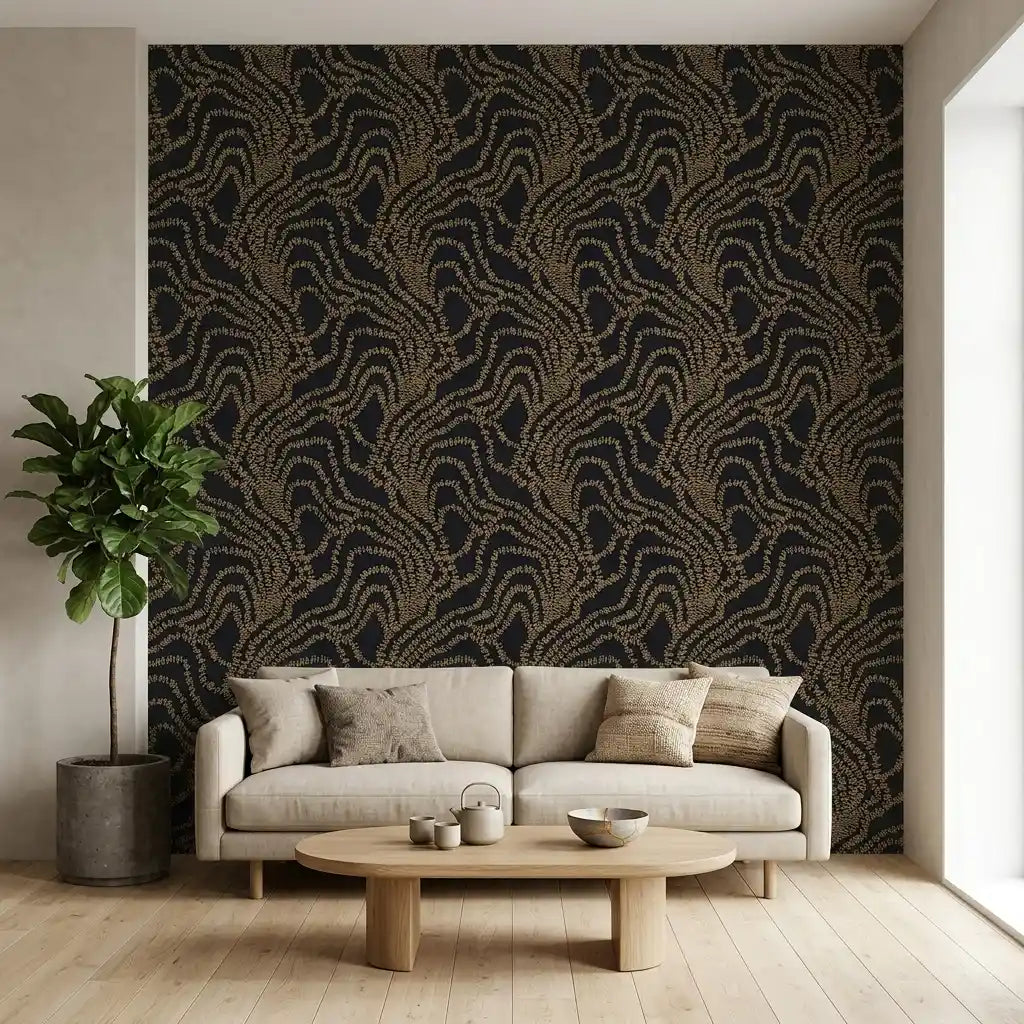 Living Room - Elegant living room with Black and Gold String of Pearls wallpaper by York Wallcoverings, adding a sophisticated touch.