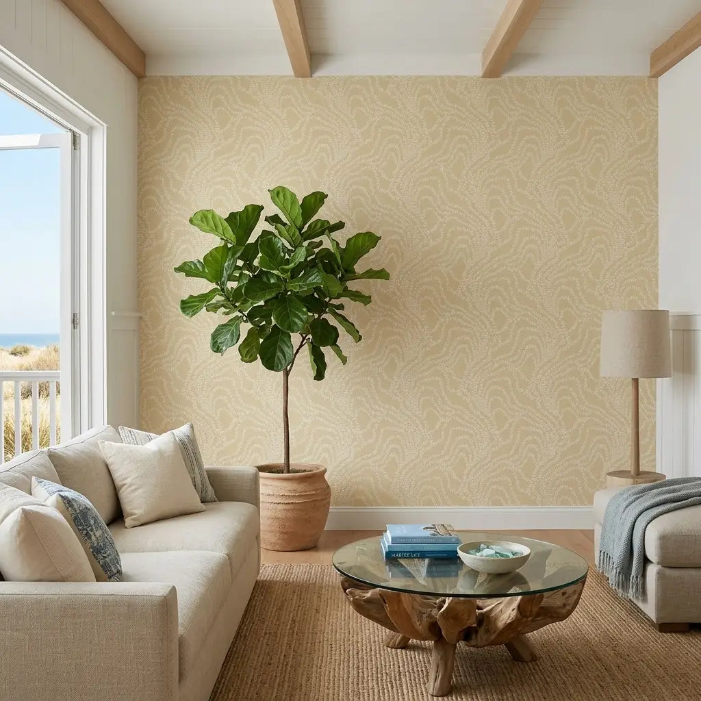 Living Room - Cozy living space with elegant 'String of Pearls' wallpaper in warm beige by York Wallcoverings.