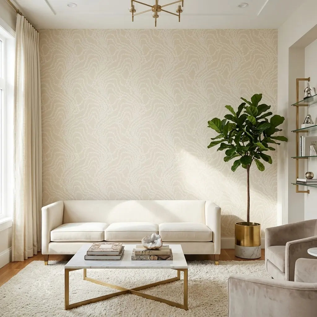 Living Room - elegant space with String of Pearls Warm Ivory wallpaper by York Wallcoverings.