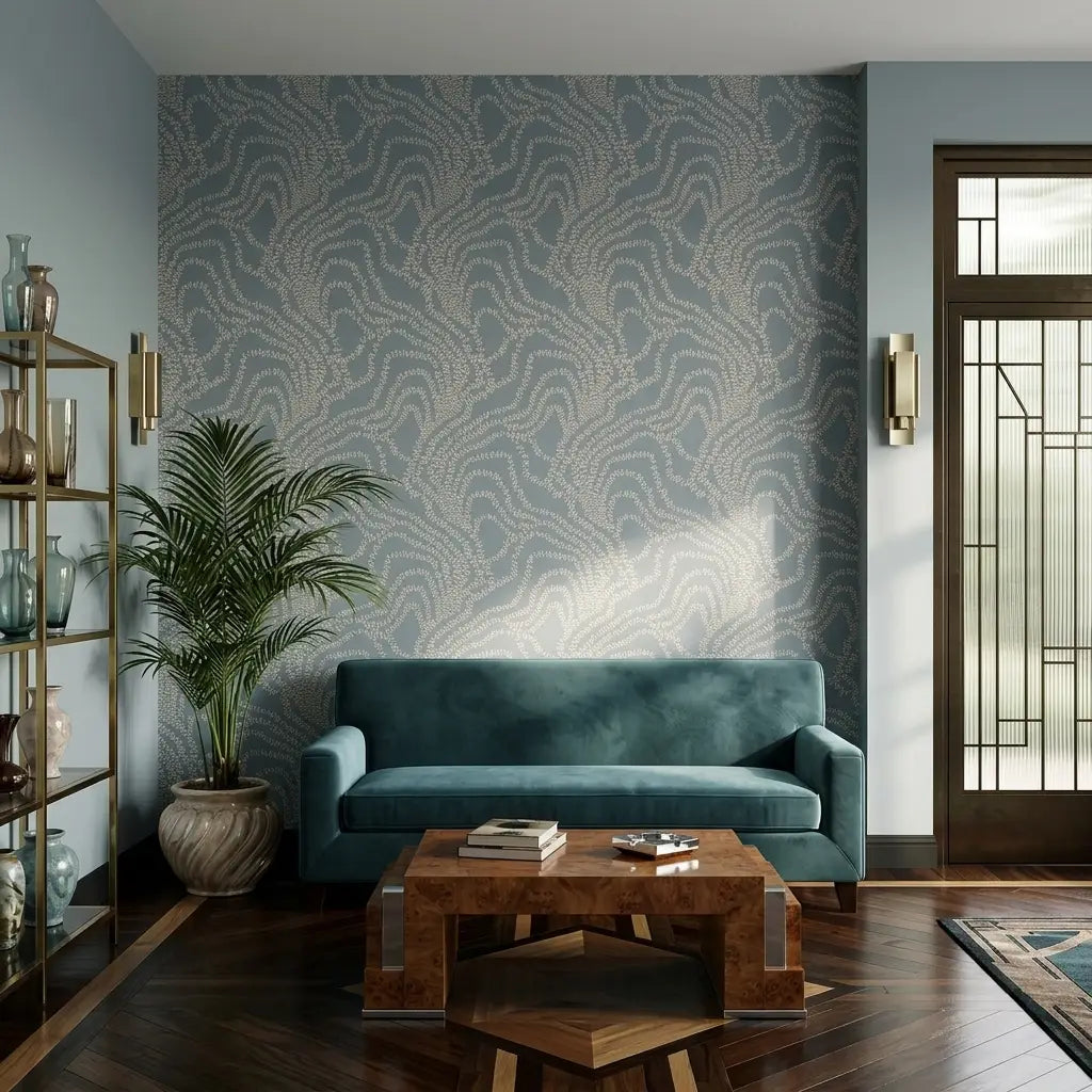 Living Room - Elegant living room featuring Dusty Blue 'String of Pearls' wallpaper by York Wallcoverings.