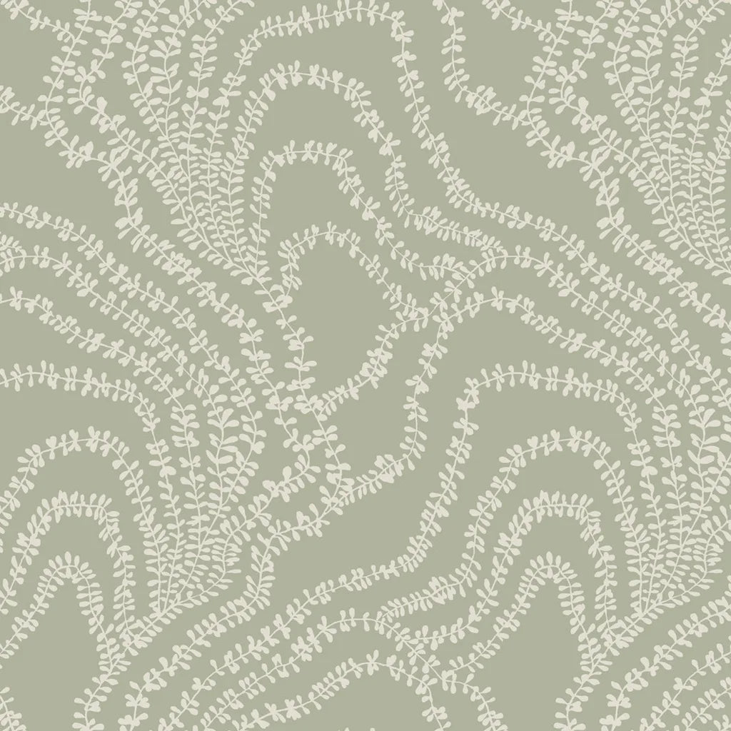 String of Pearls wallpaper pattern swatch in sage green by York Wallcoverings (SKU VR1513).