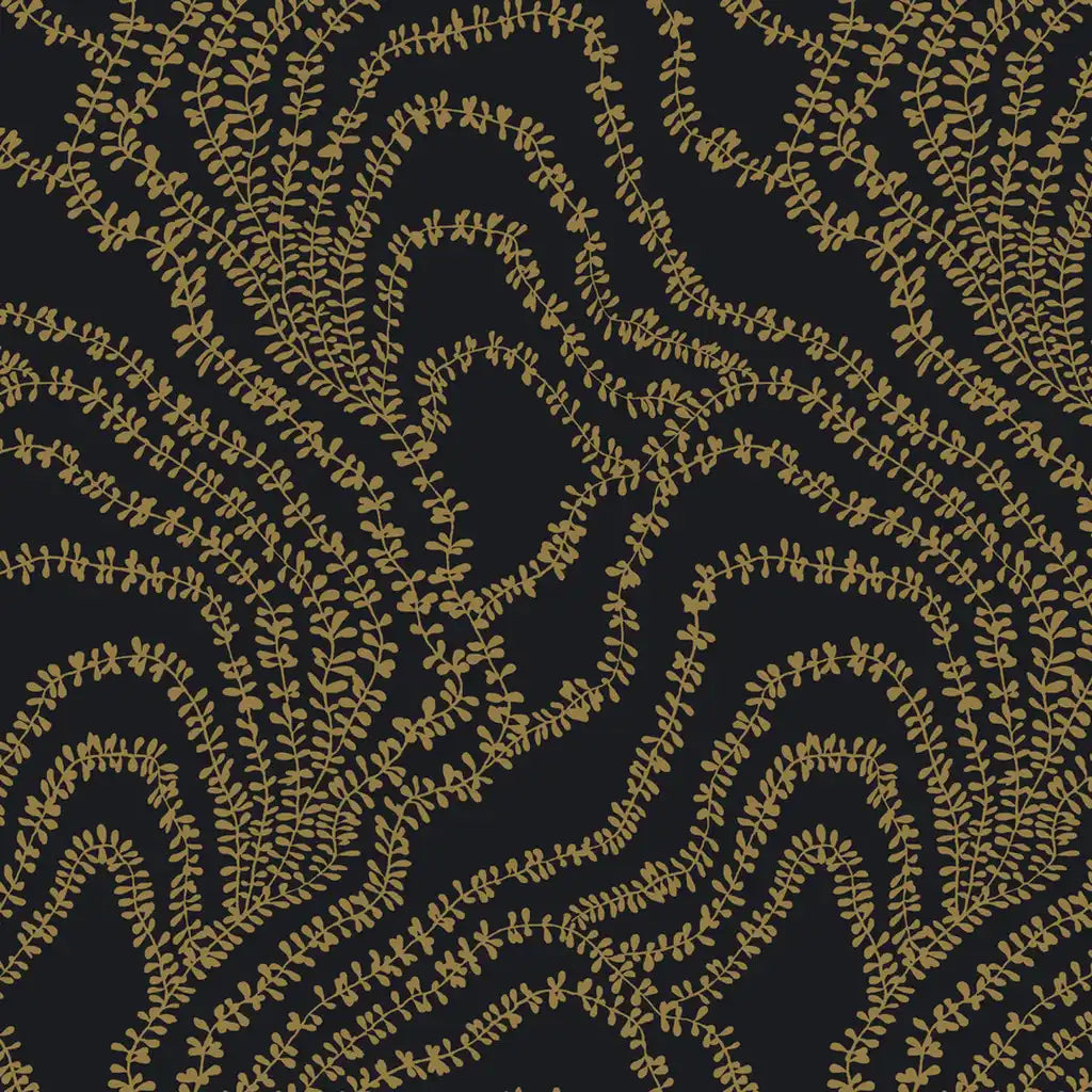 Elegant black and gold 'String of Pearls' wallpaper pattern swatch by York Wallcoverings.