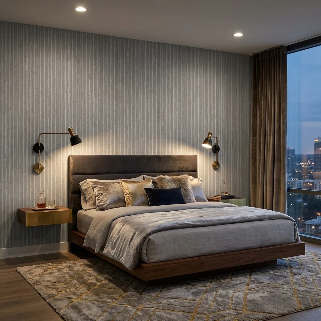 Bedroom - Greige and Cream Striped Cotton Yarn wallpaper by York Wallcoverings creates a calm, stylish retreat.
