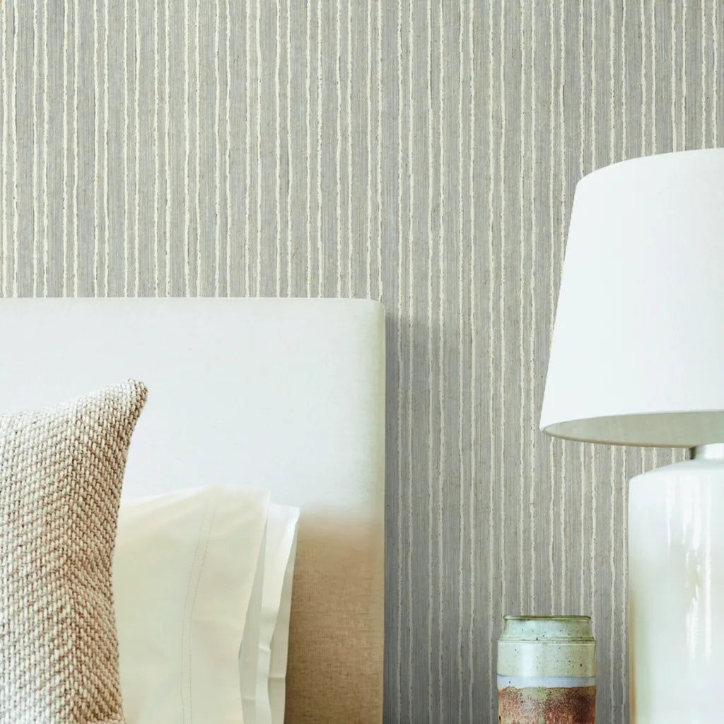 Bedroom featuring elegant Striped Cotton Yarn wallpaper in Greige and Cream by York Wallcoverings.