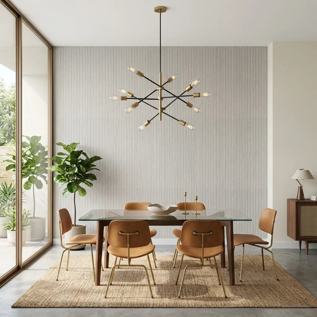 Dining Room - Elegant greige and cream Striped Cotton Yarn wallpaper by York Wallcoverings enhances this modern dining room's sophisticated style.