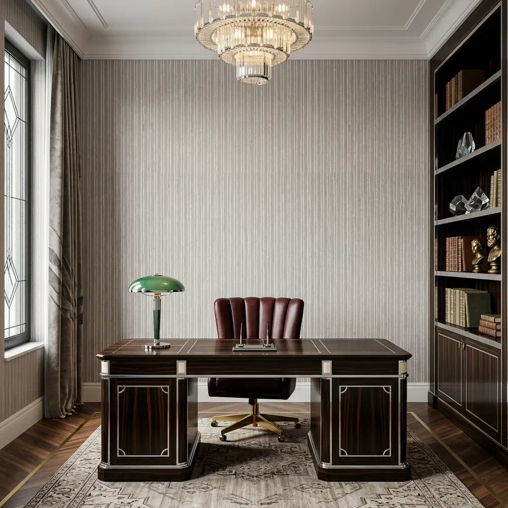 Home Office - Elegant space with Greige & Cream "Striped Cotton Yarn" wallpaper by York Wallcoverings, perfect for productivity.